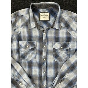 BKE Vintage Mens Large Blue Grey Plaid Western Pearl Snap Long Sleeve Shirt L